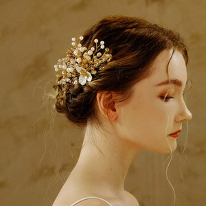 Elegant Chinese bridal hair comb with gold wires, white pearls and yellow crystals
