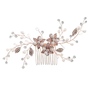 Elegant rose gold bridal hair comb with handmade pearls and sparkling rhinestones