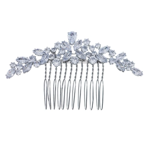 Elegant silver bridal hair comb featuring sparkling marquise and round cut zirconia flowers