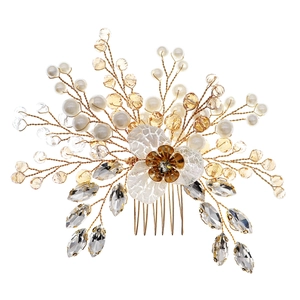 Golden bridal sunflower hair comb with white pearls and champagne crystals for weddings