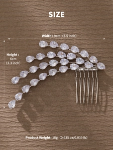 Detailed view of rhinestone tassel hair comb with silver metal teeth and dimensions