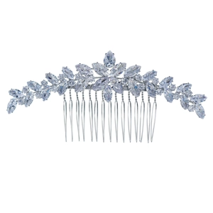 Peigne à cheveux de mariée argenté élégant avec fleurs et feuilles en cristal chic