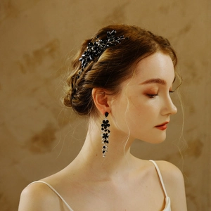 Vintage black crystal floral hair comb and matching long drop earrings for bridal styling