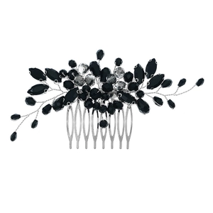 Peigne à cheveux de mariée fait main en cristal noir et alliage argenté pour mariage