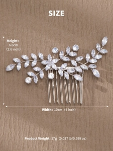 Detailed view of silver bridal hair comb with zircon leaf motifs and size dimensions