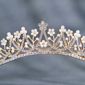 Elegant gold alloy bridal crown with white pearls and sparkling rhinestones for weddings