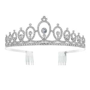 Elegant silver rhinestone wedding crown hair comb with teardrop crystals and tiara peaks
