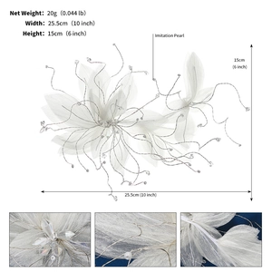 Detailed view of handmade mesh flower headpiece with pearls and crystals measuring 25.5x15cm