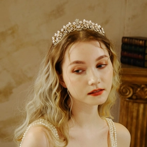 Elegant Bridal Crown Headband Luxury Alloy Artificial Pearl Rhinestone Tiara Gold For Wedding Birthday Party Pageant Women Hair Accessories