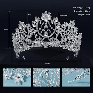 Detailed silver bridal tiara specifications with macro view of rhinestone alloy craftsmanship