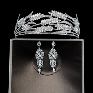 Exquisite bridal jewelry set with sparkling wheat leaf tiara and long zircon earrings