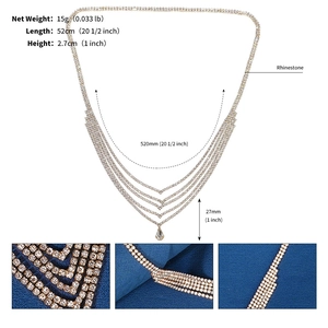 Detail view showing multi-layer rhinestone hair chain with dimensions and teardrop pendant