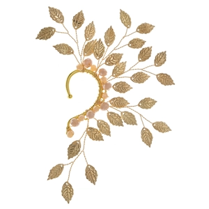 Handcrafted gold leaf ear cuff with pink crystal beads in a vintage forest design