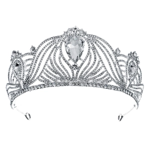 Luxury silver bridal tiara with sparkling crystal rhinestones and teardrop centerpiece