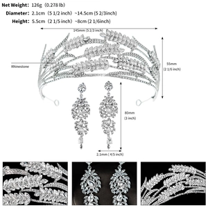 Detailed specs of bridal tiara and drop earrings set with silver rhinestone leaves