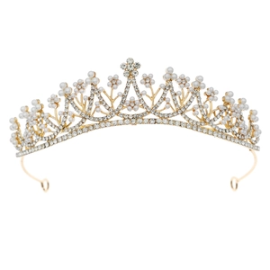 Elegant gold bridal tiara with sparkling crystal rhinestones and white floral pearls