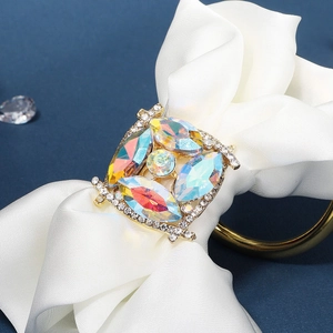 Luxury rhinestone napkin ring with AB crystal flower on gold band for table decor