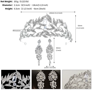 Macro detail of silver leaf crown and long rhinestone tassel earrings bridal set