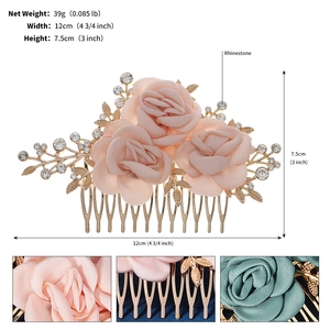 Detailed view of handmade pink silk rose hair comb with golden leaves and crystals
