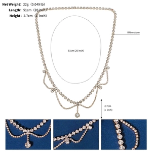 Detail view of crystal rhinestone hair chain showing 51cm length and 22g weight specs