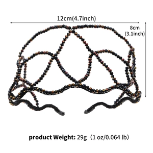 Detailed size map of black beaded crystal headband with 12x8cm dimensions and weight info