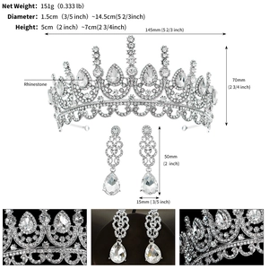 Detail specifications of rhinestone bridal crown and teardrop earrings set in silver
