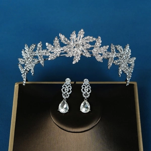 Detailed macro view of bridal tiara and teardrop earrings with silver plating and crystals
