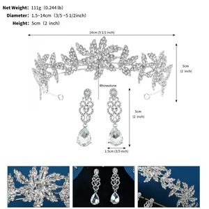Detailed size chart for rhinestone bridal crown and earrings set with measurements in cm