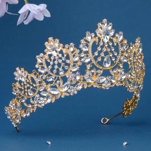 Baroque bridal crown with gold alloy base and sparkling rhinestones for wedding