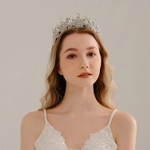 Luxury Baroque Alloy Rhinestone Bridal Tiara Crown Silver Flower Leaf Design Wedding Hair Accessories For Women Party Headwear