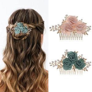 Handmade Floral Bridal Hair Comb Vintage Rose Satin Flower Rhinestone Alloy Leaf Headpiece Wedding Accessories For Women