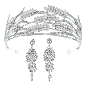 Elegant bridal tiara and crystal drop earrings set with silver leaf rhinestone designs