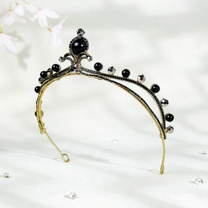 Gothic bridal tiara with black rhinestones and pearls on gold frame for wedding hair accessory