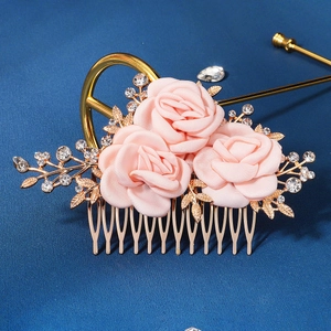Exquisite bridal hair comb with pink fabric roses, golden alloy leaves and clear rhinestones