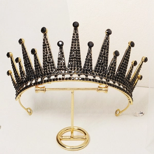 Vintage Gold Alloy Tiara Crown For Women Black Rhinestone Bridal Headpiece Wedding Party Birthday Luxurious Queen Hair Jewelry