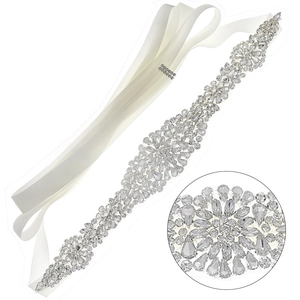 Elegant bridal sash belt with crystal rhinestones and white satin ribbon for wedding gowns
