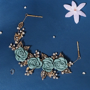 Blue satin rose hair comb with gold metal leaves and rhinestones for bridal weddings