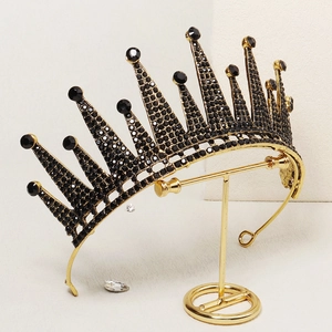Vintage gold crown with black rhinestones and crystals for weddings and parties