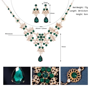 Macro view of emerald rhinestone jewelry set details including dimensions and weights