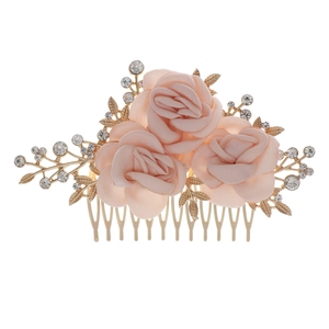 Exquisite bridal hair comb with pink fabric roses, golden leaves, and sparkling rhinestones