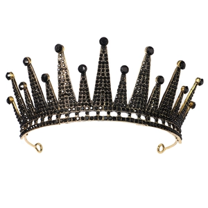 Vintage black rhinestone tiara with gold alloy base for wedding and party accessory