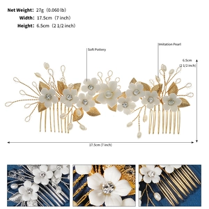 Macro detail of handmade bridal hair comb with soft pottery flowers and imitation pearls