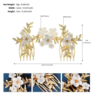 Detailed view of handmade flower bridal hair comb with clay petals and rhinestones