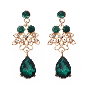 Luxurious emerald green teardrop rhinestone earrings with gold plating for bridal sets