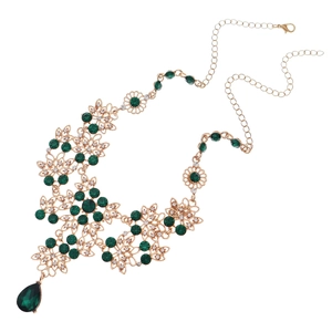 Elegant bridal jewelry set with green crystal floral necklace and teardrop pendant
