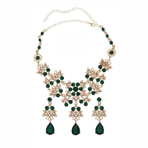 Vintage bridal jewelry set with green rhinestones and gold alloy hollow floral design