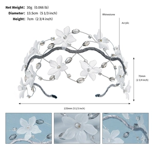 White acrylic floral headband with rhinestones and beads for wedding photography, 30g weight