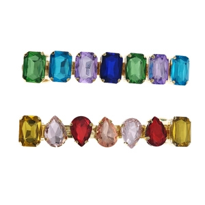 Colorful rhinestone spring hair clips with rectangle and teardrop gems in gold metal
