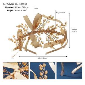 Dimensions physiques détaillées d'un serre-tête doré à nœud de blé avec cristaux acryliques