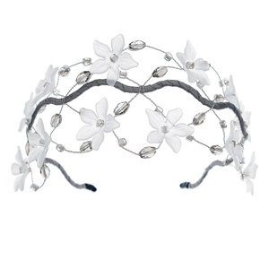 Handmade bridal headband with white flowers and crystal beads on a metallic wire frame